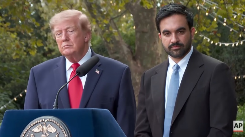 New York City Mayor Zohran Mamdani (R) holds a press conference after his meeting with President Donald Trump (L) at Gracie Mansion on Sept. 21, 2026. 