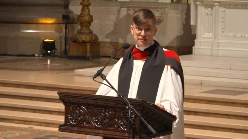 The Rev. Flourish Klink delivers a sermon during a service celebrating "trans joy and resilience" at the Cathedral of St. John the Divine in New York City on March 21, 2026.