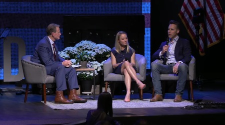U.S. Sen. Josh Hawley (right), R-Mo., and his wife, Erin Hawley (center), speak with Family Research Council President Tony Perkins (left) at the Pray Vote Stand Summit at Cornerstone Chapel in Leesburg, Virginia, on Thursday, Sept. 24, 2026.