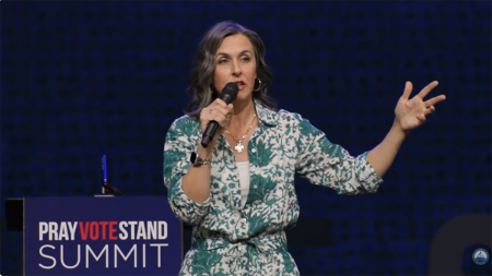 Katy Faust, the founder of Them Before Us, addresses the Pray Vote Stand Summit held at Cornerstone Chapel in Leesburg, Virginia, on Sept. 25, 2026.