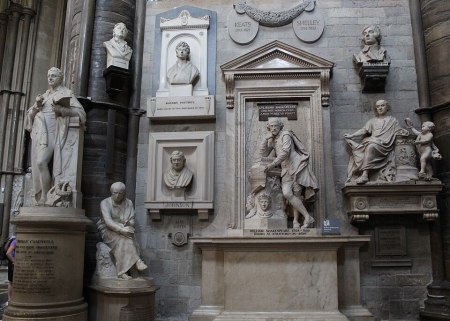 Monuments and memorials are on display in Poets' Corner, located at Westminster Abbey in London.