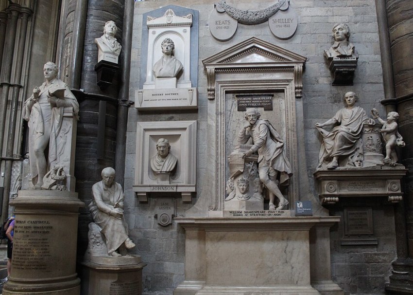 Monuments and memorials are on display in Poets' Corner, located at Westminster Abbey in London.