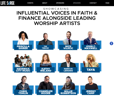 The Life Surge website showcases prominent Christian speakers.