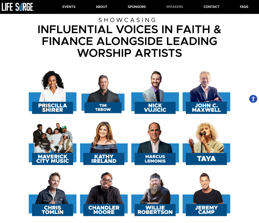The Life Surge website showcases prominent Christian speakers.