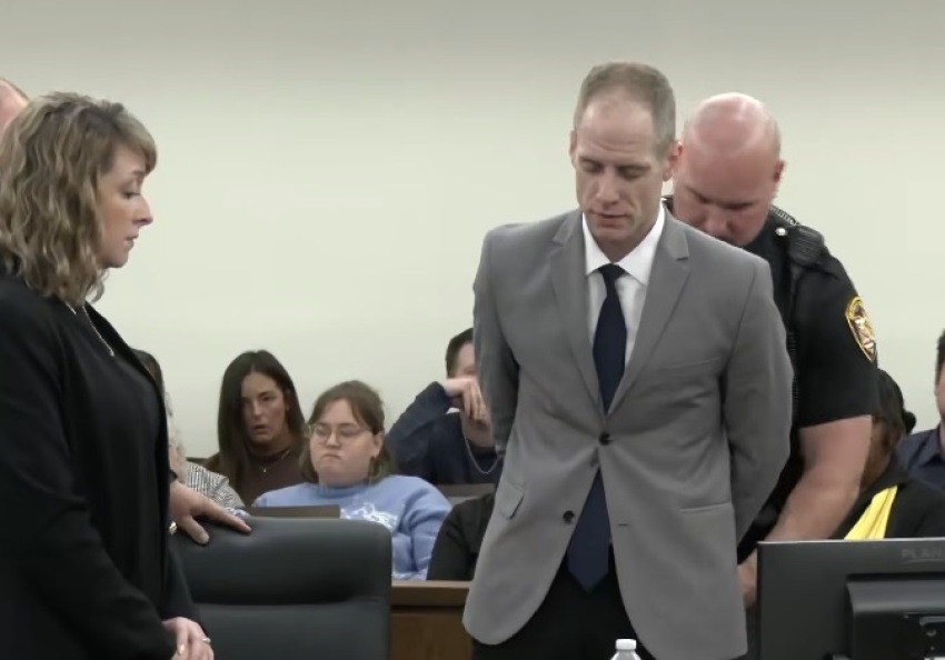 Caleb Flynn is placed in handcuffs on Sept. 29, 2026, after being convicted of murdering his wife, Ashley, in their Ohio home.