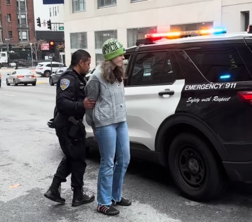 Pro-life activist Anastasia Rogers is arrested outside a Planned Parenthood in San Francisco, Dec. 18, 2025.