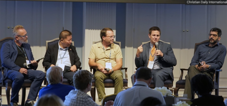 From left: Panelists Scot Bower of Christian Solidarity Worldwide, Bob Fu of ChinaAid, Ted Vail of the Pentecostal Commission on Religious Liberty, Jeremy P. Barker of the Mustard Seed Foundation and Wissam al-Saliby of 21Wilberforce take part in a discussion on advocacy in times of conflict at the Global Religious Freedom Gathering at Dallas Baptist University in Dallas, Texas, on Sept. 29, 2026.