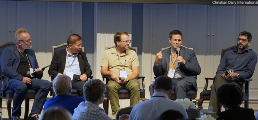 From left: Panelists Scot Bower of Christian Solidarity Worldwide, Bob Fu of ChinaAid, Ted Vail of the Pentecostal Commission on Religious Liberty, Jeremy P. Barker of the Mustard Seed Foundation and Wissam al-Saliby of 21Wilberforce take part in a discussion on advocacy in times of conflict at the Global Religious Freedom Gathering at Dallas Baptist University in Dallas, Texas, on Sept. 29, 2026.