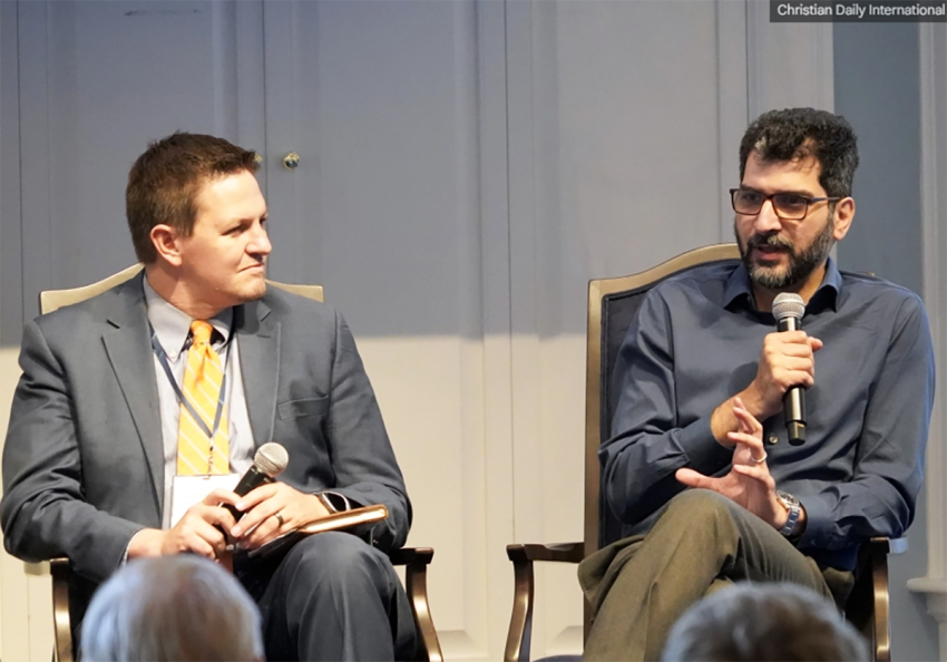 Wissam al-Saliby (right), president of 21Wilberforce, speaks during a panel on religious freedom advocacy at the Global Religious Freedom Gathering at Dallas Baptist University in Dallas, Texas, on Sept. 29, 2026. Al-Saliby said armed conflict is weakening religious freedom and closing channels for international advocacy.