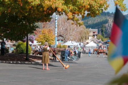 The playing of an alphorn is a common occurrence on Front Street in Leavenworth, Washington.