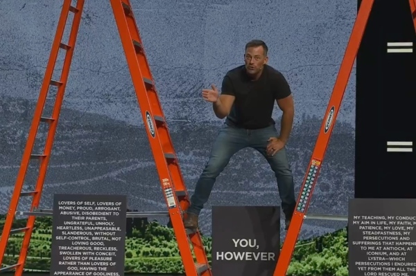 Megachurch pastor Josh Howerton takes flak for climbing ladders during sermon