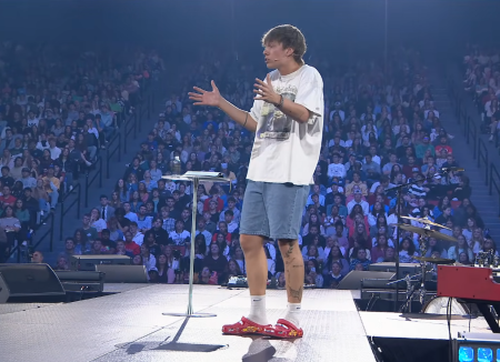 Christian influencer Bryce Crawford speaks at a Liberty University convocation in Lynchburg, Virginia, on Sept. 25, 2026.