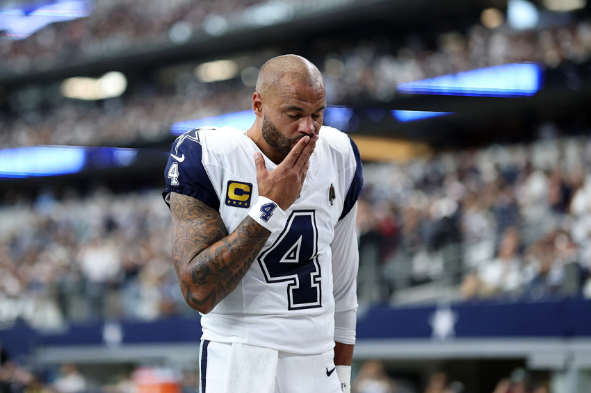 Dak Prescott #4 of the Dallas Cowboys takes the field prior to a game against the Washington Commanders at AT&T Stadium on Sept. 20, 2026, in Arlington, Texas. 
