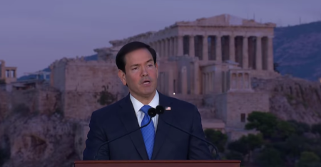 U.S. Secretary of State Marco Rubio speaks in front of the Acropolis in Athens, Greece, Oct. 7, 2026.