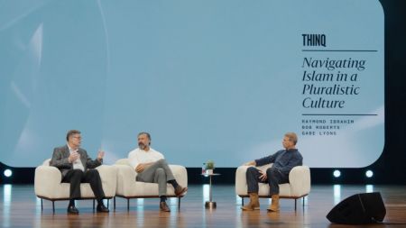 Raymond Ibrahim (left) and Pastor Bob Roberts (middle) discuss Islam and Western society during an interactive session at THINQ Summit 2026 in Nashville, Tennessee. The discussion was moderated by Gabe Lyons (right).