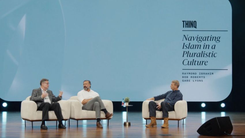 Raymond Ibrahim (left) and Pastor Bob Roberts (middle) discuss Islam and Western society during an interactive session at THINQ Summit 2026 in Nashville, Tennessee. The discussion was moderated by Gabe Lyons (right).