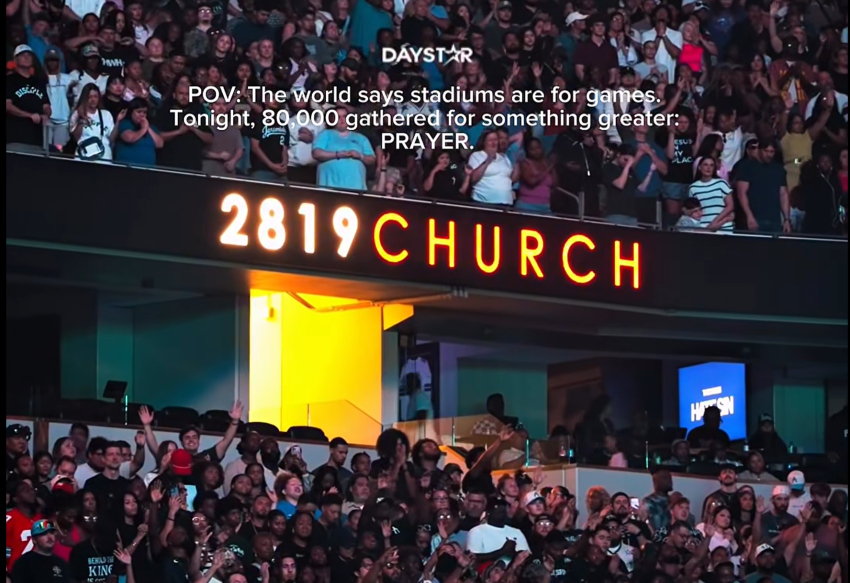An estimated 80,000 believers gather with Pastor Philip Anthony Mitchell and his 2819 Church for a night of prayer and worship at AT&T Stadium in Arlington, Texas, on Oct. 10, 2026.