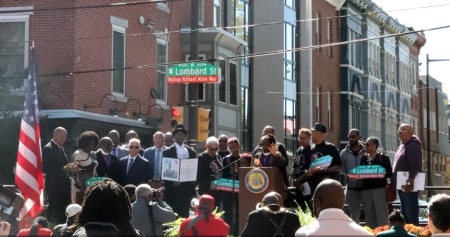 Officials hold a ceremony on Oct. 7, 2026, in Philadelphia to mark the naming of a section of Lombard Street as "Bishop Richard Allen Way," honoring African Methodist Episcopal Church founder Richard Allen.