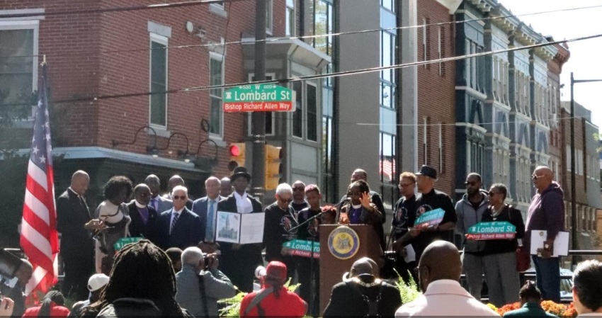 Officials hold a ceremony on Oct. 7, 2026, in Philadelphia to mark the naming of a section of Lombard Street as "Bishop Richard Allen Way," honoring African Methodist Episcopal Church founder Richard Allen.