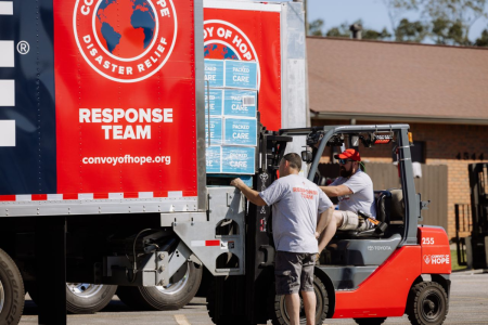 Volunteers with Convoy of Hope distribute aid to people affected by Hurricane Isaias.