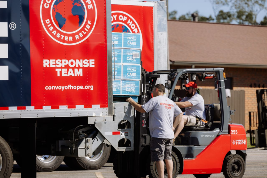 Volunteers with Convoy of Hope distribute aid to people affected by Hurricane Isaias.
