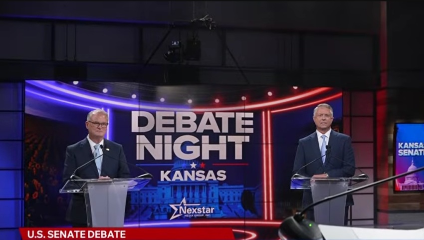 Pastor Adam Hamilton (left) and U.S. Sen. Roger Marshall, R-Kan., (right) debate each other ahead of the midterm elections on Wednesday, Oct. 21, 2026. 