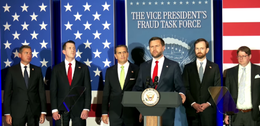 Vice President JD Vance speaks at a White House Fraud Task Force meeting in Cincinnati, Oct. 21, 2026. U.S. Attorney General Todd Blanche looks on.