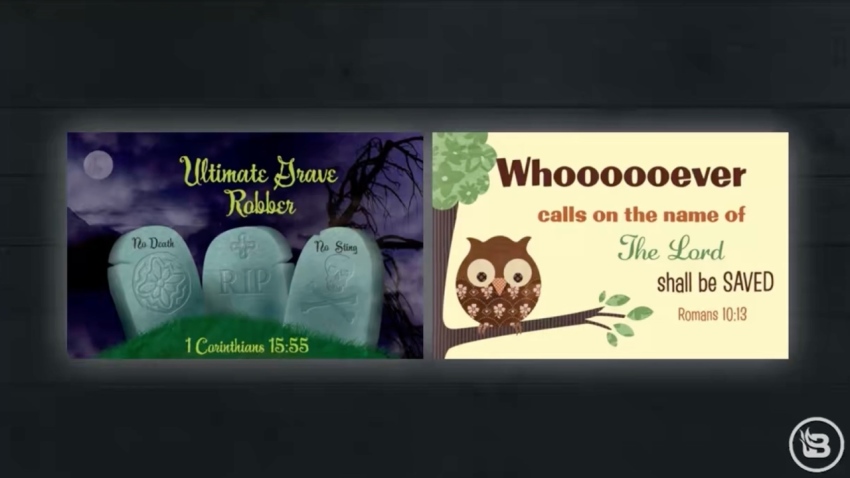 Examples of the evangelistic Halloween signs that Allie Beth Stuckey's mother reportedly puts on her lawn.