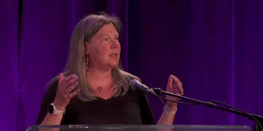 The Rev. Jennifer K. Dee giving remarks at the final plenary session of the 2026 Evangelical Lutheran Church in America Northeastern Pennsylvania Synod Assembly shortly after being elected the regional body's first female bishop.