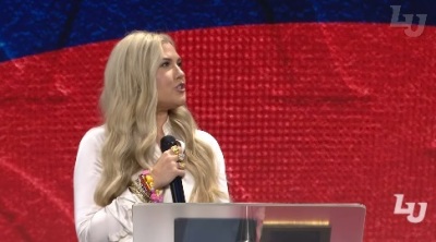 Turning Point USA CEO Erika Kirk speaks at Liberty University’s Convocation in Lynchburg, Virginia, Oct. 23, 2026.