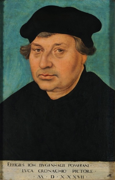 Johannes Bugenhagen (1485-1558), the head pastor at the city church for Wittenberg, Germany during the time of Martin Luther and the Protestant Reformation. Bugenhagen would officiate Luther's wedding and preach at his funeral.