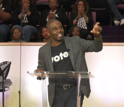 The Rev. Richie Butler, president-elect of the African American Pastors Coalition, preaches during a "Black Out Sunday" worship service at St. Luke Community United Methodist Church of Dallas on Sunday, Oct. 25, 2026.