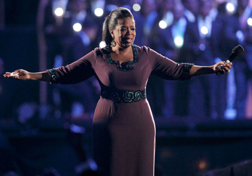 Oprah Winfrey gestures during the taping of 