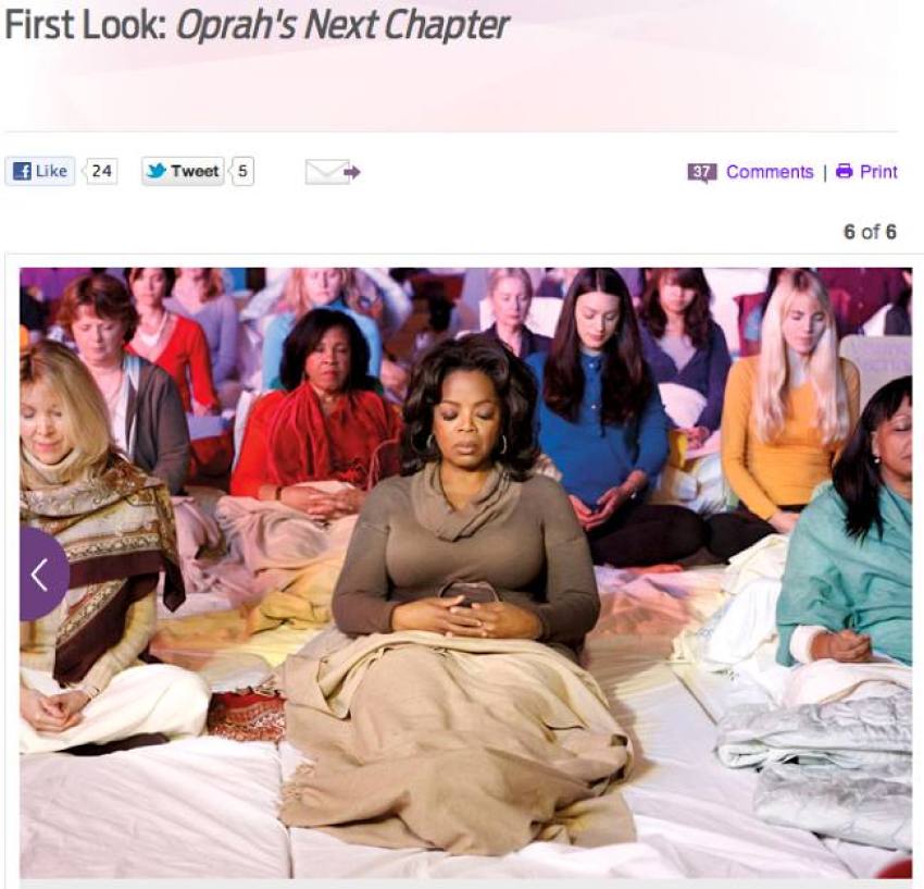 Oprah Winfrey joins the women of "Transcendental Meditation" town in Fairfield, Iowa for a meditation session, as shown in this image published on her website.