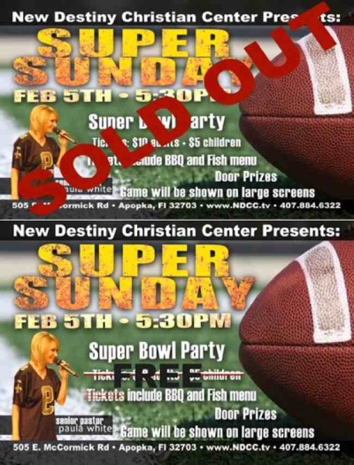 New Destiny Christian Center, led by Pastor Paula White, advertised $10 tickets for its Super Bowl party earlier this week before suddenly declaring the event "free" the morning it was announced tickets had been sold out.