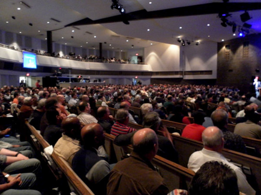 Stephen Kendrick, co-writer and co-director of the film 'Courageous', speaks to hundreds of men gathered at the 