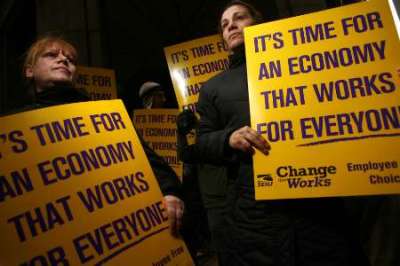Demonstrators protest outside the Goldman Sachs building in New York, March 19, 2009. The demonstration was part of a national protest against major U.S. banks and firms with participants calling on Congress to take action on employee free choice, health care, and banking reform.