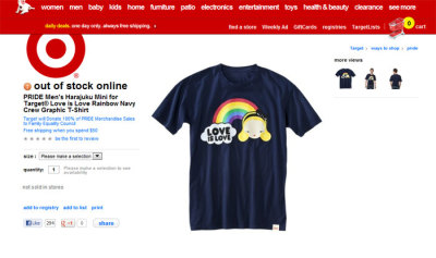 Target sells "Pride" shirts. The retailer donated 100 percent of the purchase price for each Pride item sold between May 20, 2012 and June 30, 2012 to Family Equality Council, up to a maximum donation of $120,000.