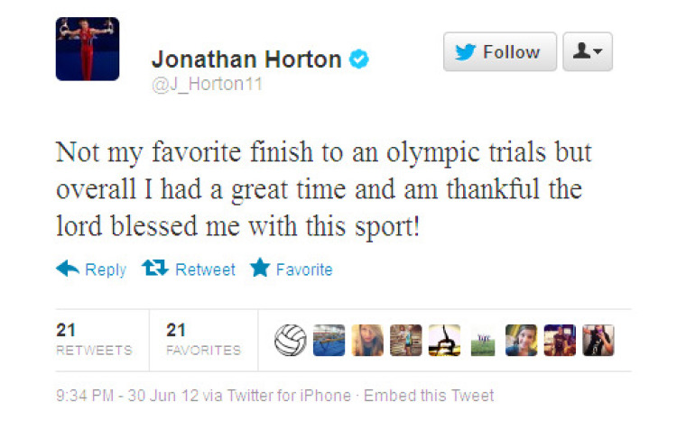 Jonathan Horton, who describes himself on Twitter as a "Christ follower, Husband, Olympic gymnast," sees his talents as a gift from God.