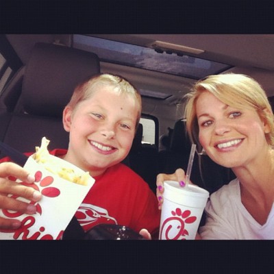 Candace Cameron with son at Chick-fil-A