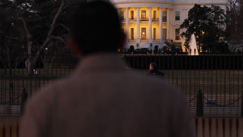 Best-selling author Dinesh D'Souza looks at the White House in the film 