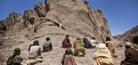 Jesus delivers the Sermon on the Mount in a scene from The History Channel's