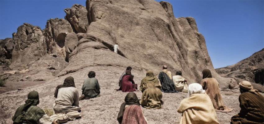 Jesus delivers the Sermon on the Mount in a scene from The History Channel's
