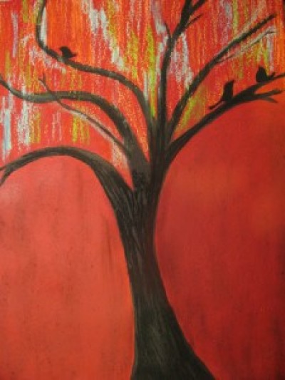 An untitled painting of a tree by "Z," a victim of sex trafficking in America.