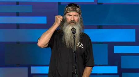 Phil Robertson of the A&E hit TV series "Duck Dynasty" speaks at Saddleback Church in Southern California on July 21, 2013.