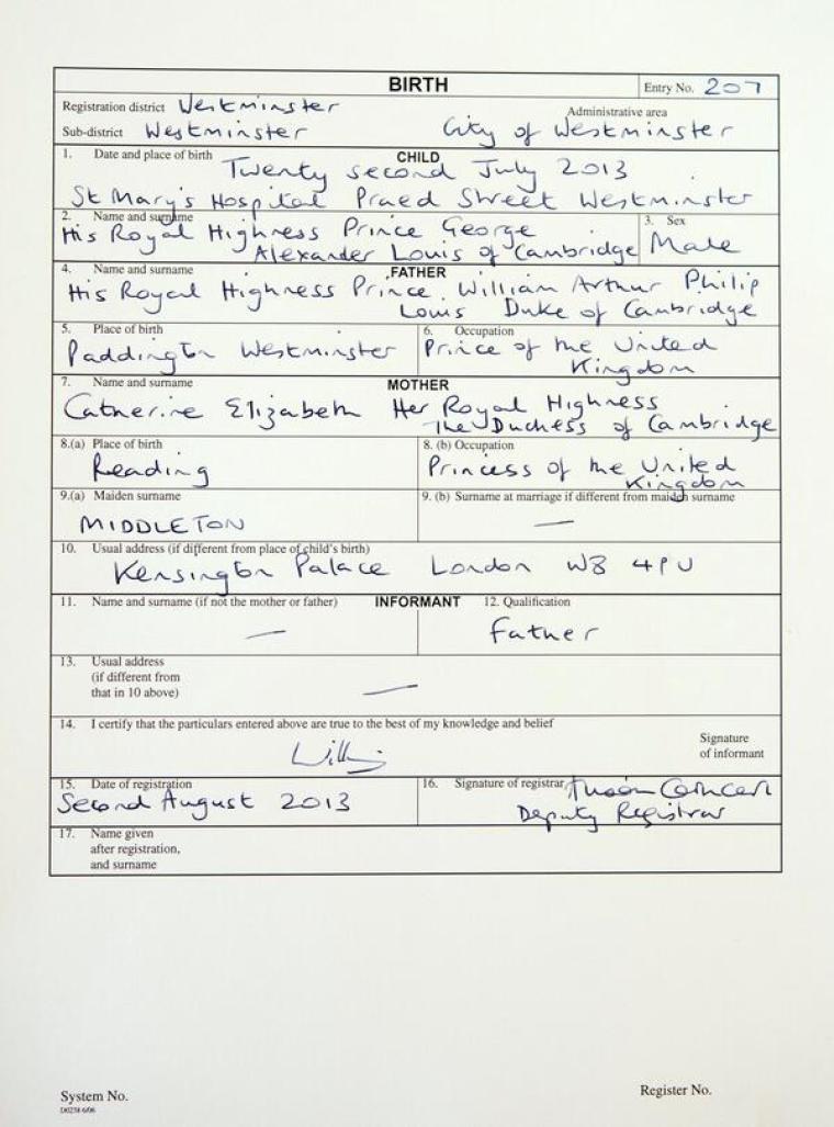 Royal Baby Birth Certificate