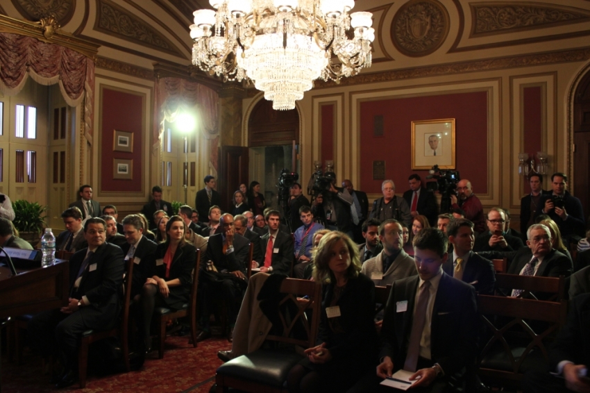 A crowd of congressional staffers, conservative activists, and reporters gathers to watch U.S. Senator Marco Rubio (R, FL) deliver a speech on poverty for the 50th anniversary of President Lyndon Johnson's
