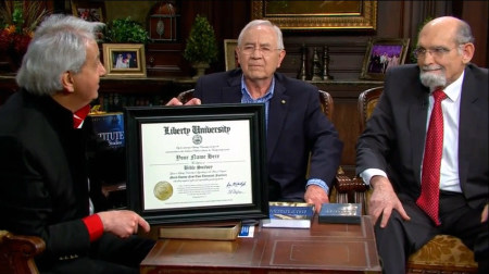 Evangelist Benny Hinn discusses on his "This Is Your Day" television program the Institute of Biblical Studies from Liberty University, with guests Dan Reber and Dr. Ronald Godwin, senior vice president for Academic Affairs and Provost for the university.