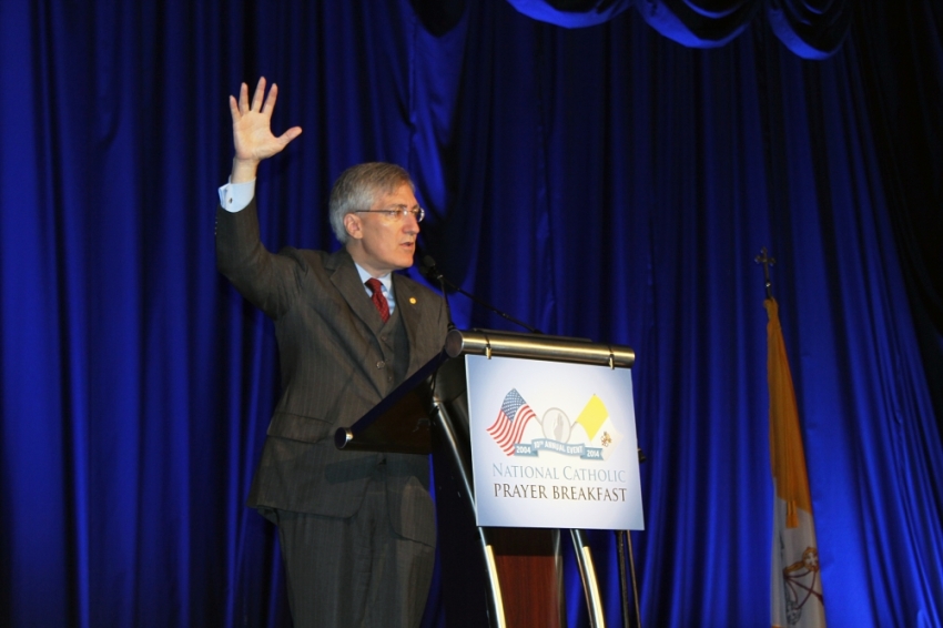 Robert P. George, McCormick Professor of Jurisprudence at Princeton University and chair of the U.S. Commission on International Religious Freedom, delivers the "lay guest speaker" address at the 10th annual National Catholic Prayer Breakfast, Washington, D.C., May 13, 2014.
