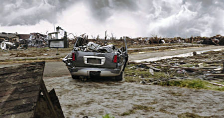 The destruction left behind by a powerful tornado that ripped through Moore, Oklahoma, on May 20, 2013, is seen in this video still taken from the documentary "Where Was God?"